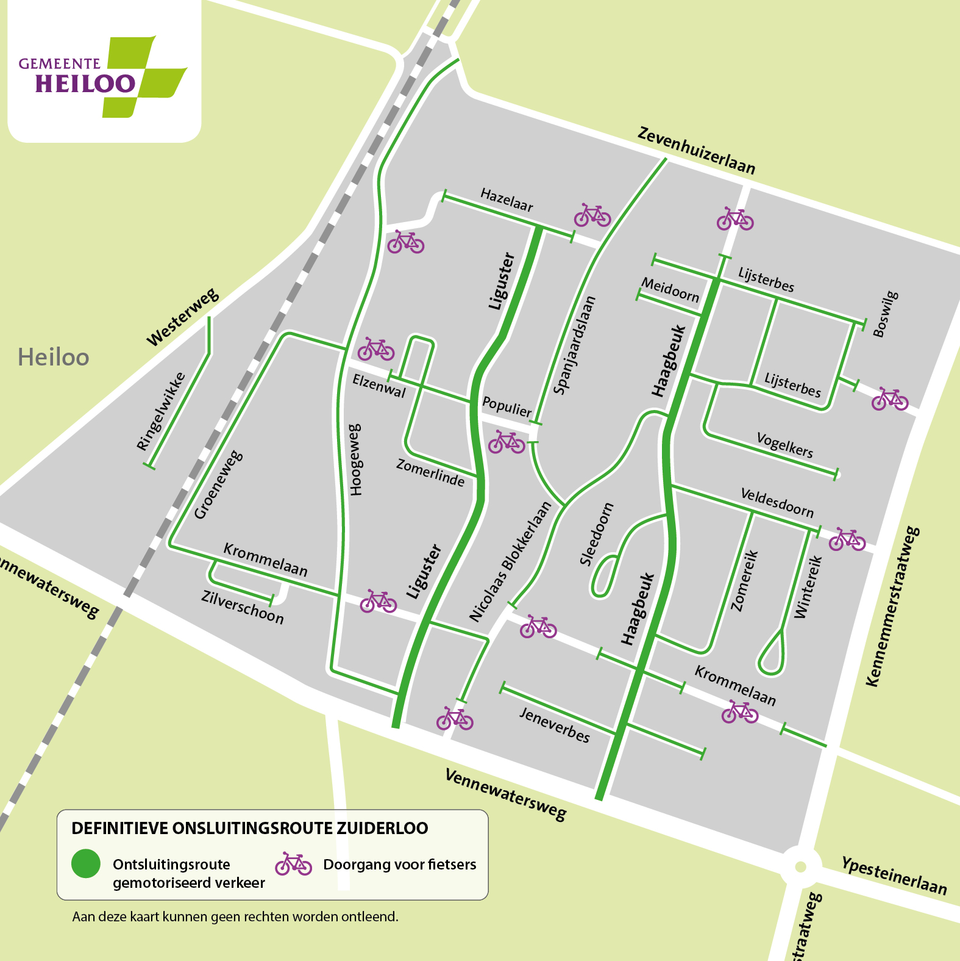 Kaart met hoofdroutes voor auto's en fietsers, de details zijn hier beneden beschreven