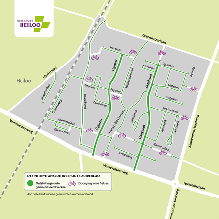Kaart met hoofdroutes voor auto's en fietsers, de details zijn hier beneden beschreven