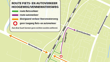 Kaartje met de route van fiets- en autoverkeer op de Hoogeweg/Vennewatersweg
